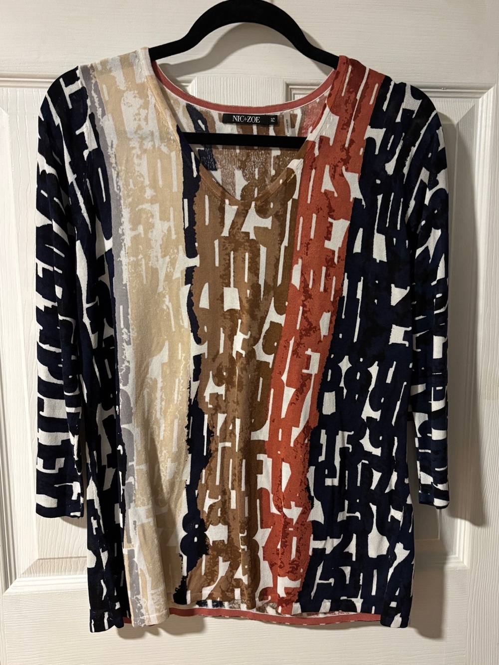 NIC+ZOE Multicolor Abstract Stripe V-Neck Top — Navy, Rust, Tan, Cream PS NWT